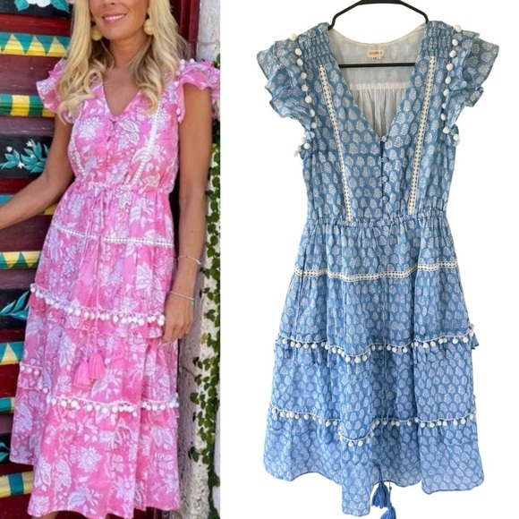Kemble Shop Cece Pom Pom Blue Bohemian Midi Dress - Picture 1 of 9